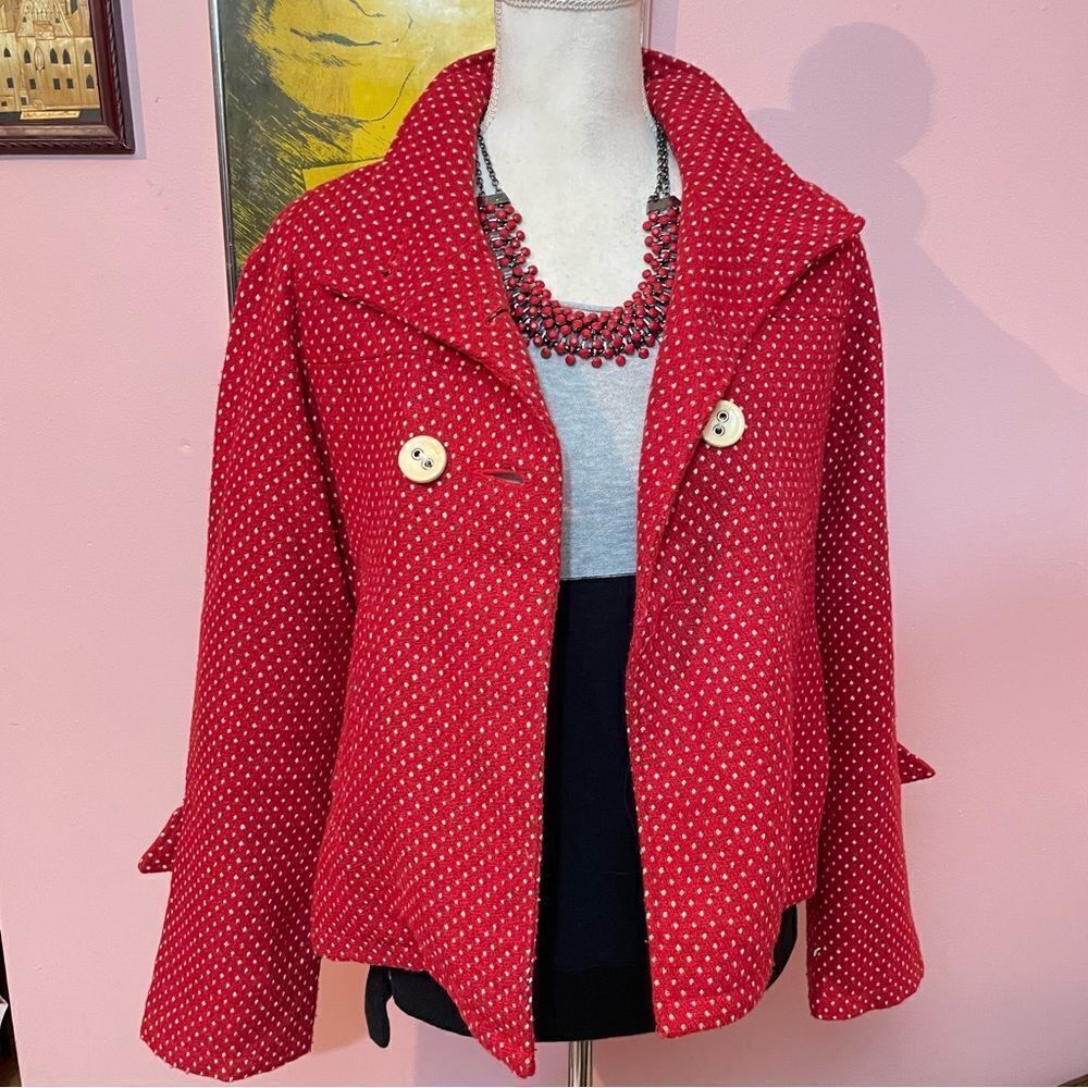 Anthropologie Sanctuaryclothing Retro Red Coat With White Polka Dots